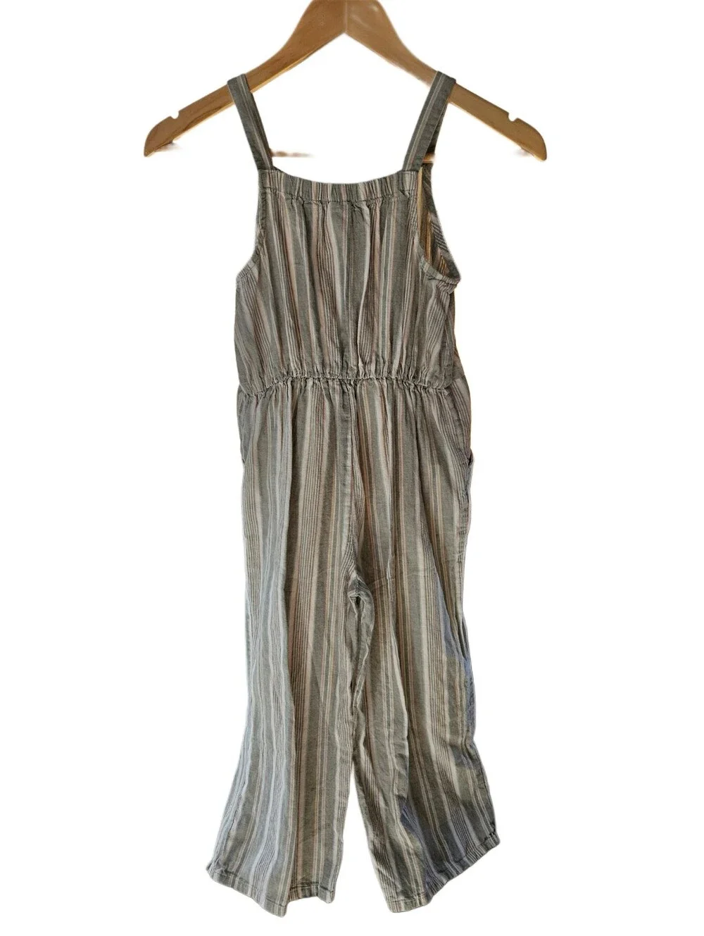 OshKosh B'gosh Girls Striped Jumpsuit Size 8 Olive Green Pink Boho Linen Blend